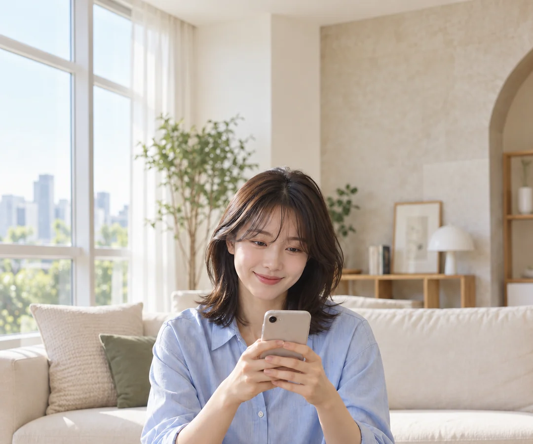 휴대전화로 편하게 상담하는 밝은 모습의 고객
